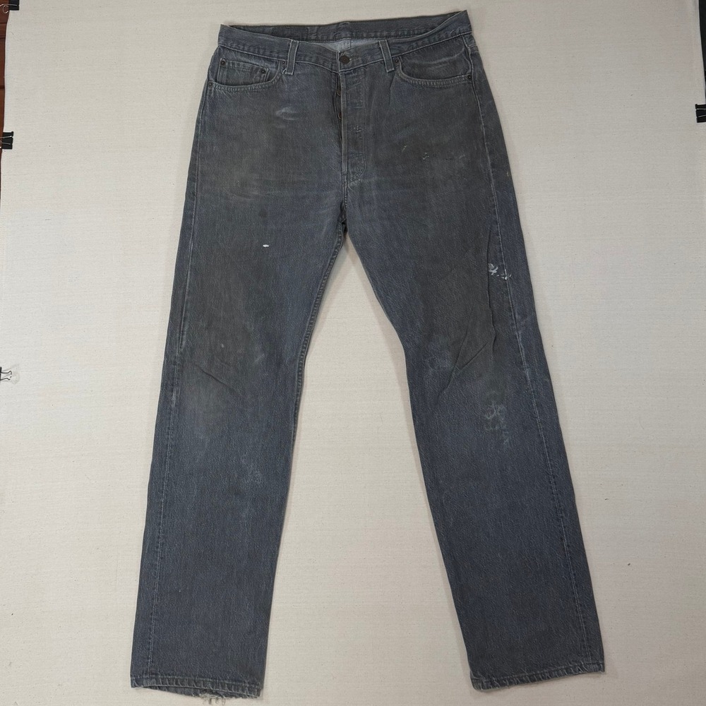 Vintage Levis 501xx Grey Faded Black Denim Jeans 35x32 Made in USA Distressed